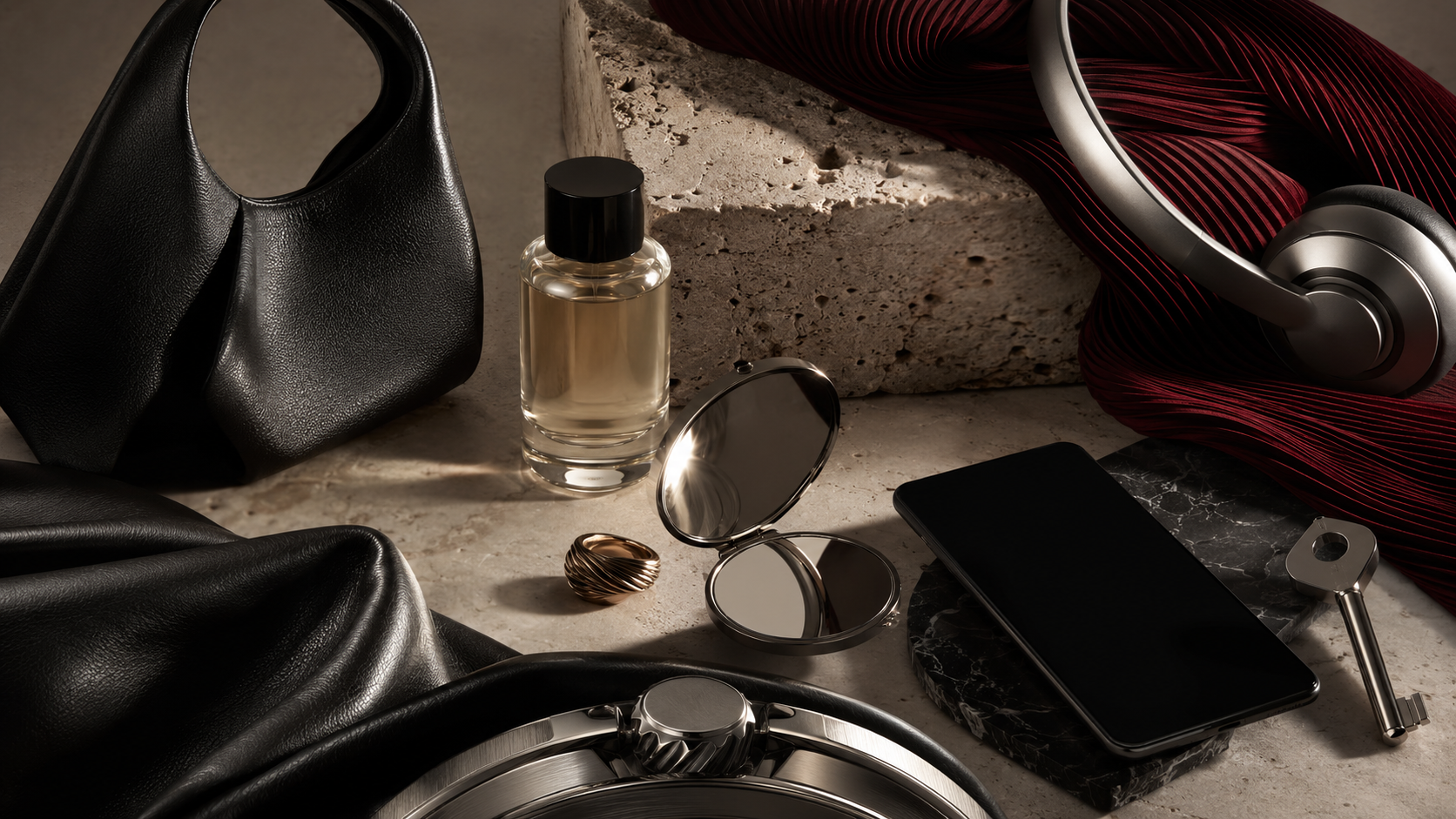 An editorial still life of unbranded premium materials and cultural objects